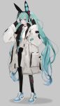  1girl :o absurdres adjusting_headphones animal_ear_headphones aqua_footwear aqua_hair black_legwear commentary_request full_body green_hair green_neckwear grey_background hair_ornament hair_ribbon hatsune_miku headphones highres holding holding_headphones jacket long_hair long_sleeves looking_at_viewer loose_necktie mile_(mil2) necktie nike open_clothes open_jacket pantyhose ribbon shirt shoes simple_background sneakers standing twintails very_long_hair vocaloid white_footwear white_jacket white_shirt 
