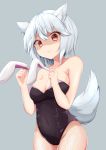  1girl :&lt; animal_ear_fluff animal_ears annoyed bare_shoulders breasts bunnysuit collarbone covered_navel fake_animal_ears fishnet_legwear fishnets grey_background holding inubashiri_momiji large_breasts looking_at_viewer red_eyes rururiaru shaded_face short_hair simple_background solo tail touhou white_hair wolf_ears wolf_tail 