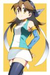  1girl arms_behind_back bandana bangs black_legwear breasts brown_eyes brown_hair closed_mouth commentary_request eyebrows_visible_through_hair eyelashes fingerless_gloves gloves long_hair looking_at_viewer looking_down mint_(pokemon) pokemon pokemon_(game) pokemon_card_gb smile solo thigh-highs two-tone_background yuihiko 