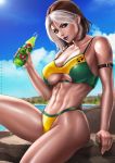  1girl armband bikini breasts brown_hair dandon_fuga green_eyes highres lake large_breasts light_smile lipstick looking_at_viewer makeup medium_hair multicolored_hair rogue_(x-men) soda_bottle solo swimsuit white_hair x-men x-men_evolution 