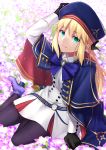  1girl absurdres artoria_pendragon_(all) artoria_pendragon_(caster) blonde_hair boots eyebrows_visible_through_hair eyes_visible_through_hair fate/grand_order fate_(series) flower gloves green_eyes hair_between_eyes hat high_heel_boots high_heels highres long_hair long_sleeves looking_at_viewer pantyhose shakuyouka smile solo 