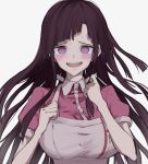  1girl apron bangs bare_arms blush clenched_hands commentary_request cosplay dangan_ronpa forced_smile grey_background highres iumi_urura long_hair looking_at_viewer nervous new_dangan_ronpa_v3 open_mouth pink_shirt puffy_short_sleeves puffy_sleeves purple_hair shirogane_tsumugi shirt short_sleeves simple_background smile solo spoilers super_dangan_ronpa_2 sweat symbol-shaped_pupils tsumiki_mikan tsumiki_mikan_(cosplay) upper_body violet_eyes 