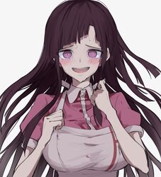  1girl apron bangs bare_arms blush clenched_hands commentary_request cosplay dangan_ronpa forced_smile grey_background highres iumi_urura long_hair looking_at_viewer nervous new_dangan_ronpa_v3 open_mouth pink_shirt puffy_short_sleeves puffy_sleeves purple_hair shirogane_tsumugi shirt short_sleeves simple_background smile solo spoilers super_dangan_ronpa_2 sweat symbol-shaped_pupils tsumiki_mikan tsumiki_mikan_(cosplay) upper_body violet_eyes 