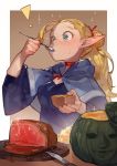  ! 1girl absurdres blonde_hair blush bowl brown_background capelet commentary_request dungeon_meshi eating elf food green_eyes hair_bun hair_ribbon highres huge_filesize long_hair looking_away marcille meat pointy_ears ponytail pumpkin red_ribbon ribbon solo spoon two-tone_background uedrk_yamato upper_body white_background 