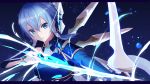  1girl armor arrow_(projectile) asymmetrical_sleeves bangs blue_background blue_eyes blue_hair blue_sleeves bow_(weapon) breastplate gloves hair_between_eyes highres holding holding_arrow holding_bow_(weapon) holding_weapon masamune_tokunaga parted_lips shiny shiny_hair short_hair_with_long_locks shoulder_armor sidelocks sinon_(solus) solo sword_art_online sword_art_online:_alicization upper_body weapon white_gloves 