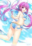  1girl ahoge artist_name bikini binato_lulu blue_hair breasts clouds cloudy_sky commentary_request eyebrows_visible_through_hair hair_between_eyes hololive leg_up long_hair looking_at_viewer looking_back medium_breasts minato_aqua multicolored_hair ocean purple_hair ribbon sky sparkle striped striped_bikini swimsuit twintails two-tone_hair v violet_eyes virtual_youtuber 