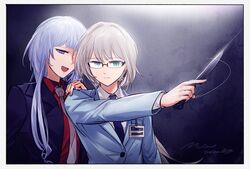  2girls :d ak-12_(girls_frontline) an-94_(girls_frontline) aqua_eyes artificial_eye bangs black_jacket blue_jacket blue_neckwear closed_mouth collared_shirt earpiece eyebrows_visible_through_hair fingalphoneix girls_frontline glasses holding holding_knife id_card jacket knife long_hair multiple_girls open_mouth platinum_blonde_hair red_shirt shirt sidelocks silver_hair smile violet_eyes white_neckwear white_shirt 