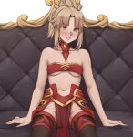  1girl arms_behind_back bare_shoulders bra braid breasts choker couch eyebrows_visible_through_hair fate/grand_order fate_(series) faulds french_braid green_eyes hair_ornament hair_scrunchie highres mordred_(fate) mordred_(fate)_(all) navel pelvic_curtain red_bra red_scrunchie red_sleeves sarhce scrunchie sitting small_breasts thigh-highs underwear 