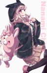  1girl animal_hood backpack bag black_hoodie black_legwear bow breasts cat_hood dangan_ronpa eyebrows_visible_through_hair eyelashes flipped_hair from_side gamja_n_dg hair_ornament highres hood hoodie looking_at_viewer medium_breasts medium_hair monomi_(dangan_ronpa) nanami_chiaki parted_lips pink_bow pink_eyes pink_footwear pink_hair pleated_skirt rabbit ribbon school_uniform shiny shiny_hair shirt skirt smile super_dangan_ronpa_2 thigh-highs white_background 