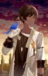  1boy arknights bangs bird black_shirt braid brown_eyes brown_hair chinese_commentary clear_regulus clouds commentary_request dark_skin gloves grey_jacket hand_up jacket male_focus open_clothes open_jacket outdoors shirt thorns_(arknights) upper_body white_gloves 