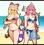  2girls alternate_costume alternate_hair_length alternate_hairstyle arm_under_breasts beach bikini bird black_bikini blonde_hair blue_bikini blush breast_hold breasts candy collarbone crab day eating eyewear_removed fan folding_fan food front-tie_bikini front-tie_top hat hat_ribbon highres holding holding_fan ice_cream innertube kaliningradg lollipop long_hair looking_at_viewer mob_cap multiple_girls navel open_mouth outdoors pink_eyes pink_hair pinky_out red_ribbon ribbon saigyouji_yuyuko sarong seagull shiny shiny_skin side-tie_bikini starfish summer sunglasses swimsuit touhou triangular_headpiece violet_eyes yakumo_yukari 