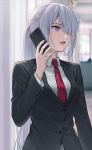  1girl ak-15_(girls_frontline) bangs black_jacket collared_shirt commentary_request curtains formal girls_frontline hair_between_eyes hair_over_one_eye holding holding_phone indoors jacket long_hair open_mouth partial_commentary phone red_neckwear shirt silver_hair standing suit urano_ura violet_eyes white_shirt window 