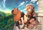  1girl absurdres animal blonde_hair blue_eyes boots capybara closz fingerless_gloves gloves highres huge_filesize jungle kapi_(the_girl_from_arkanya) marisa_(the_girl_from_arkanya) midriff nature ponytail sitting skirt smile sword the_girl_from_arkanya thigh_strap thighs weapon 