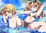  2girls arm_behind_head armpits azur_lane bache_(azur_lane) bangs bare_shoulders bikini black_bikini blonde_hair blue_eyes blue_sky blush bowl breasts clouds collarbone commentary_request day eyebrows_visible_through_hair eyewear_on_head food food_in_mouth groin hair_between_eyes heart heart-shaped_pupils highres horizon long_hair looking_at_viewer midriff multiple_girls navel ocean outdoors palm_leaf partially_submerged popsicle pubic_tattoo shimofuji_jun sidelocks sitting sky small_breasts smalley_(azur_lane) summer sunglasses sunlight sweat swimsuit symbol-shaped_pupils tattoo thigh_strap two_side_up violet_eyes wading_pool water 