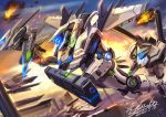  energy_blade explosion flying glowing gun highres holding holding_gun holding_weapon kenko_(a143016) mecha mechanical_wings no_humans original shoulder_cannon signature visor weapon wings 
