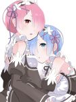  2girls black_sleeves blue_hair blue_ribbon breasts detached_sleeves flower hair_flower hair_ornament hair_over_one_eye hair_ribbon head_wreath highres long_sleeves looking_at_viewer medium_breasts multiple_girls pink_ribbon ram_(re:zero) re:zero_kara_hajimeru_isekai_seikatsu rem_(re:zero) ribbon shima_kappa shiny shiny_hair shiny_skin short_hair siblings simple_background sisters small_breasts white_background white_flower x_hair_ornament 