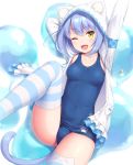  1girl ;d animal_ears arms_up ass blue_hair blue_swimsuit breasts cat_ears cat_tail covered_navel hood hooded_jacket jacket looking_at_viewer one-piece_swimsuit one_eye_closed open_clothes open_jacket open_mouth original sasaame school_swimsuit short_hair small_breasts smile solo striped striped_legwear swimsuit tail thigh-highs thighs white_jacket yellow_eyes 