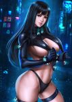  1girl bikini bikini_bottom black_gloves black_hair breasts brown_eyes dandon_fuga gantz gloves highres large_breasts lips long_hair looking_at_viewer shimohira_reika shrug_(clothing) solo standing swimsuit 