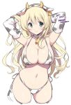  1girl animal_ears animal_print atago_(kancolle) bell bikini blonde_hair blue_eyes blush closed_mouth collarbone cow_ears cow_horns cow_print cow_tail cowbell cropped_legs dated elbow_gloves eyebrows_visible_through_hair gloves hair_between_eyes horns kantai_collection long_hair navel odawara_hakone simple_background smile solo swimsuit tail thigh-highs twitter_username white_background white_bikini white_gloves white_legwear 