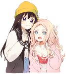 2girls :o arm_behind_back black_hair black_jacket blue_eyes character_request cheek_press eyebrows_visible_through_hair fang futari_escape hair_down head_on_head highres jacket long_hair looking_at_viewer multiple_girls namori pink_hair pink_sweater shirt simple_background skin_fang smile striped striped_shirt sweater v v-neck violet_eyes white_background white_shirt white_sleeves yellow_headwear