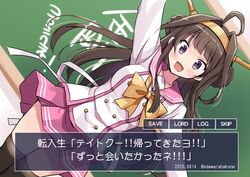  1girl ahoge alternate_costume black_legwear blush breasts brown_hair chalkboard dated double_bun dutch_angle eyebrows_visible_through_hair kantai_collection kongou_(kantai_collection) large_breasts long_hair long_sleeves odawara_hakone open_mouth pink_sailor_collar pink_skirt pleated_skirt purple_hair sailor_collar school_uniform serafuku skirt smile solo thigh-highs translation_request twitter_username yellow_neckwear 