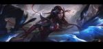  1girl armor artist_name black_hair blade blue_eyes chengwei_pan fighting_stance hair_ornament highres irelia league_of_legends long_hair looking_at_viewer signature very_long_hair weapon 