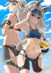  2girls animal_ears arknights armband ass ball bangs bare_arms bare_shoulders blue_sky breasts clouds commentary_request cowboy_shot day eyebrows_visible_through_hair grani_(arknights) hair_between_eyes hand_up holding holding_ball long_hair looking_at_viewer midriff multiple_girls navel silver_hair skadi_(arknights) sky small_breasts smile sports_bra standing stomach thighs violet_eyes visor_cap volleyball yasunoharu 