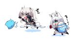  2girls ahoge animal_ear_fluff animal_ears brown_coat chibi coat commentary_request daifuku_(lamy_channel) earrings eyebrows_visible_through_hair fox_ears fox_girl fox_tail fur-trimmed_coat fur_trim green_eyes grey_eyes grey_hair hair_between_eyes highres holding holding_weapon hololive jewelry jumping lion_ears lion_girl lion_tail multiple_girls open_mouth shirakami_fubuki shishiro_botan simple_background sleeves_past_wrists slug snowball tail virtual_youtuber weapon white_background white_hair yoru_no_night 