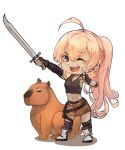  1girl absurdres animal arm_wrap blonde_hair blue_eyes boots capybara chibi closz fingerless_gloves gloves highres kapi_(the_girl_from_arkanya) marisa_(the_girl_from_arkanya) midriff one_eye_closed ponytail skirt smile sword the_girl_from_arkanya thigh_strap thighs weapon 