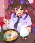  1girl blush bowl breast_rest breasts brown_hair checkered checkered_skirt chopsticks collar fang food frilled_collar frills hat highres himekaidou_hatate himeshita_johnny_mafuyu holding holding_chopsticks necktie noodles pointy_ears purple_shirt ramen rice rice_bowl shirt short_sleeves skirt solo tokin_hat touhou twintails v-shaped_eyebrows violet_eyes 