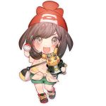  1girl :d bag bangs beanie blush brown_hair character_doll chibi commentary_request doll eyelashes full_body gen_1_pokemon green_shorts hat holding holding_doll holding_poke_ball mizuki_(pokemon) open_mouth pikachu poke_ball poke_ball_(basic) pokemon pokemon_(game) pokemon_sm red_headwear shirt short_sleeves shorts shoulder_bag simple_background smile tied_shirt white_background zuizi 