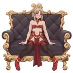  1girl absurdres bare_shoulders bra braid breasts choker couch eyebrows_visible_through_hair fate/grand_order fate_(series) faulds french_braid green_eyes hair_ornament hair_scrunchie highres mordred_(fate) mordred_(fate)_(all) navel pelvic_curtain red_bra red_scrunchie red_sleeves sarhce scrunchie sitting small_breasts thigh-highs underwear white_background 