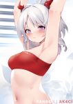  1girl absurdres ak4ci arknights armpits arms_up bandeau bangs bare_shoulders blush breasts closed_mouth commentary_request from_side highres horns large_breasts looking_at_viewer navel nian_(arknights) red_horns silver_hair solo stomach strapless upper_body violet_eyes 
