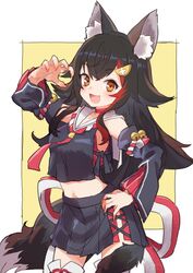  1girl :3 animal_ear_fluff animal_ears bangs bell black_hair black_skirt blush breasts brown_eyes claw_pose detached_sleeves fang fingernails gazacy_(dai) hair_ornament highres hololive long_hair multicolored_hair ookami_mio open_mouth pleated_skirt redhead sailor_collar sharp_fingernails sidelocks simple_background skirt solo streaked_hair tail thigh-highs two-tone_background virtual_youtuber white_sailor_collar wolf_ears wolf_tail 