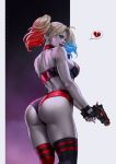  ass batman_(series) blue_eyes blue_hair broken_heart cork dandon_fuga grey_skin gun harley_quinn highres looking_back redhead smile weapon 