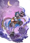  1girl :d absurdres animal_ear_fluff animal_ears bandaged_leg bandages bangs bare_tree bat bell blue_hair blush bow brown_skirt cat_ears clouds cloudy_sky commentary_request crescent_moon dress fake_animal_ears fang flan_(f_l_an) frills full_body fur_collar ghost gloves halloween halloween_costume highres jack-o&#039;-lantern knee_up large_bow long_hair long_sleeves looking_at_viewer miyako_(princess_connect!) moon night night_sky open_mouth paw_gloves paw_shoes paws pleated_skirt princess_connect! princess_connect!_re:dive pumpkin shirt shoe_bow shoes skirt sky smile solo standing standing_on_one_leg star_(sky) tail torn_clothes tree very_long_hair white_shirt wolf_paws 