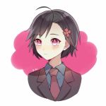  1girl absurdres black_suit blush dated flower formal hair_flower hair_ornament highres hondoumachi_koharu id_:invaded kata_shui necktie pink_background pink_eyes portrait short_hair simple_background solo suit 