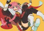  1boy armor armored_dress astolfo_(fate) black_bow black_dress black_legwear boots bow braid cloak dress fang fate/apocrypha fate_(series) fur-trimmed_cloak fur_trim gauntlets gorget hair_bow hair_intakes horn_(instrument) isshoku_(shiki) long_braid long_hair long_sleeves male_focus multicolored_hair open_mouth otoko_no_ko pink_hair puffy_sleeves simple_background single_braid solo streaked_hair thigh-highs violet_eyes white_cloak white_footwear white_hair yellow_background 