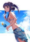 1girl blue_eyes blue_hair blue_sky blush braid clouds drink folded_hair hair_up holding holding_drink looking_at_viewer magia_record:_mahou_shoujo_madoka_magica_gaiden mahou_shoujo_madoka_magica nanami_yachiyo omochimochi sky solo swimsuit 