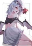  1girl bare_shoulders bat_wings bloomers blue_hair fall_dommmmmer from_behind hair_between_eyes hat highres looking_at_viewer mob_cap off_shoulder open_mouth pointy_ears red_eyes remilia_scarlet short_hair solo thighs touhou underwear upper_teeth white_background white_headwear wings 
