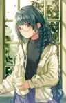  1girl absurdres bangs braid cup ear_piercing eyebrows_visible_through_hair glasses green_hair highres holding holding_cup indoors jacket looking_at_viewer nanna_(heyj2888) original piercing shirt smile solo tattoo tree window yellow_eyes 