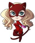  1girl animal_costume animal_ears ass blonde_hair blue_eyes bodysuit boots cat_costume cat_ears cat_tail chibi high_heel_boots high_heels kinkymation mask persona persona_5 persona_5_the_royal red_bodysuit red_footwear shin_megami_tensei tail takamaki_anne thigh-highs thigh_boots twintails 