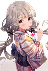  1girl :o bangs black_ribbon blush brown_eyes floral_print grey_hair hair_ribbon highres hisakawa_nagi idolmaster idolmaster_cinderella_girls japanese_clothes kanda_done kimono long_hair looking_at_viewer open_mouth purple_sash ribbon sash shaved_ice simple_background solo spoon twintails white_background wide_sleeves yukata 