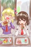  2girls absurdres blonde_hair brown_hair commentary_request crumbs cup disposable_cup drinking_straw eating food french_fries hamburger happy highres lettuce looking_at_another maribel_hearn mcdonald&#039;s multiple_girls no_hat no_headwear ron_samu_jouji sitting slug stuffed_toy touhou usami_renko 