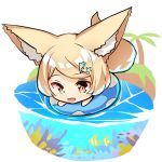  1girl :d animal animal_ears bangs blush brown_eyes chibi commentary_request coral dolphin_hair_ornament eyebrows_visible_through_hair fish fox_ears fox_girl fox_tail hair_ornament highres innertube light_brown_hair looking_at_viewer open_mouth original palm_tree smile solo star_(symbol) star_hair_ornament swept_bangs tail tree water white_background yuuji_(yukimimi) 