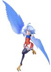  1girl :d ahoge black_legwear blue_feathers blue_hair blue_neckwear breasts buttons eyebrows_visible_through_hair feathered_wings floating frilled_skirt frills full_body hair_between_eyes harpy monster_girl monster_musume_no_iru_nichijou official_art okayado open_mouth orange_eyes papi_(monster_musume) short_hair simple_background skirt small_breasts smile solo standing thigh-highs white_background wings 