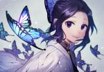  1girl black_hair bug butterfly butterfly_hair_ornament hair_ornament insect japanese_clothes kimetsu_no_yaiba kochou_shinobu looking_at_viewer omochimochi smile solo violet_eyes white_background 