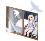  1girl allenes azur_lane bandaged_arm bandaged_leg bandages bandaid bandaid_on_knee bed bird blonde_hair blue_eyes blurry breasts collarbone curtains depth_of_field hair_ribbon hand_on_own_thigh highres hospital_bed icarus_(azur_lane) icarus_(one-week_medical_experience?)_(azur_lane) intravenous_drip kneehighs long_hair looking_at_viewer no_bra official_art ponytail ribbon shirt short_sleeves sitting small_breasts smile solo striped striped_shirt thighs transparent_background very_long_hair white_legwear window 