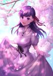  1girl breasts cherry_blossoms dress dress_lift fate/stay_night fate_(series) hair_ribbon heaven&#039;s_feel looking_at_viewer matou_sakura medium_breasts omochimochi open_mouth petals puffy_short_sleeves puffy_sleeves purple_hair red_ribbon ribbon short_sleeves smile solo violet_eyes white_dress 