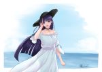  1girl :d adjusting_hair black_choker black_headwear blue_eyes blue_sky border choker commentary_request cross dress fate/grand_order fate_(series) hat light_blue_dress long_dress long_hair looking_at_viewer ocean open_mouth purple_hair rurouni_shenz saint_martha sky smile solo sun_hat very_long_hair white_border 